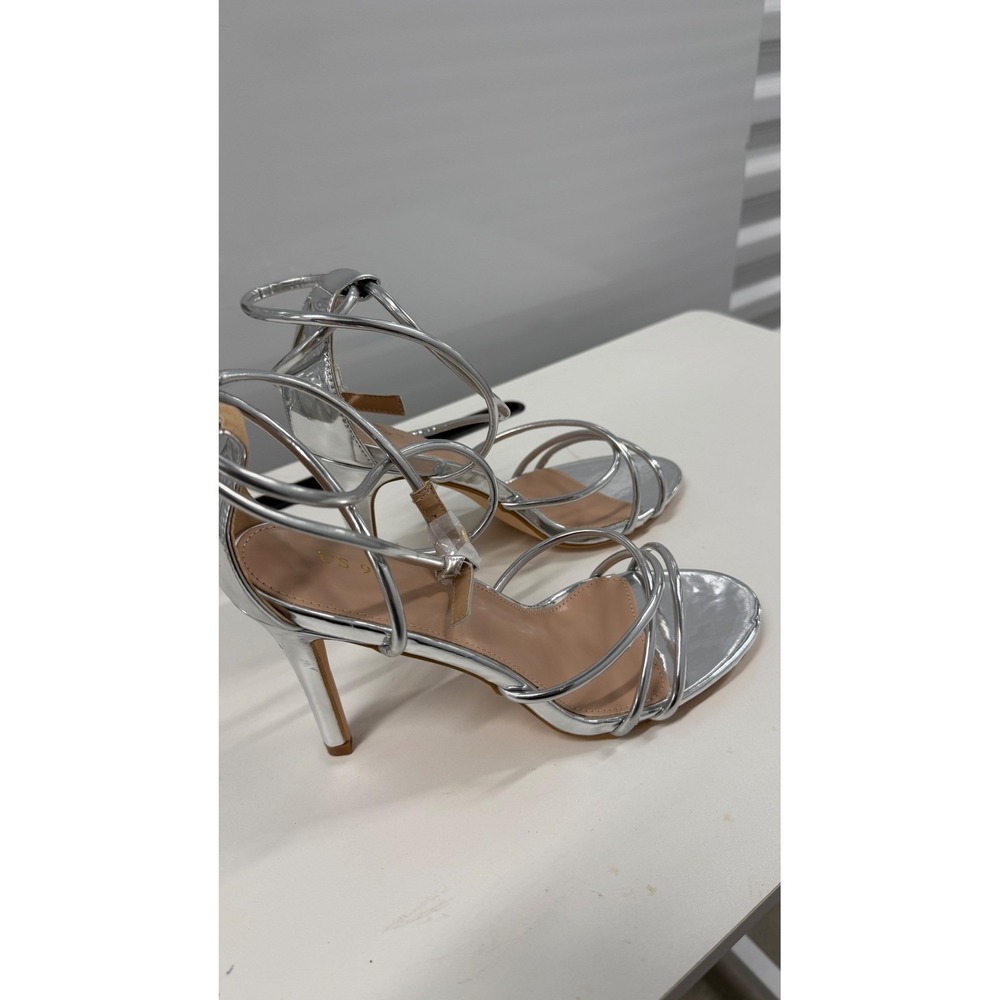 Metallic Silver Strappy Stiletto Sandals Open Toe Ankle Wrap Heels Size 9 - Picture 2 of 10